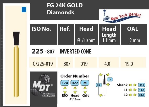 MDT Gold 24K Gyémánt fúró Fordított kúp G/225-019M