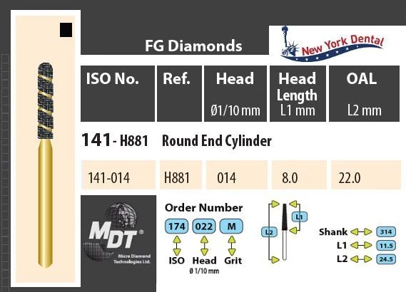 MDT Gold Helix Turbina spirál gyémánt aranyozott szárral, henger lekerekített véggel H141-014XC